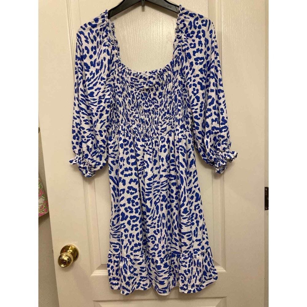 theGet Women's Mini Dress Blue White Leopard Print Smocked Square‎ Neck S